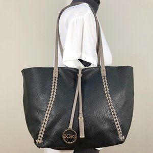 BCBG Reversible Black/Taupe Pebbled Faux Leather Braided Gold Chain Tote